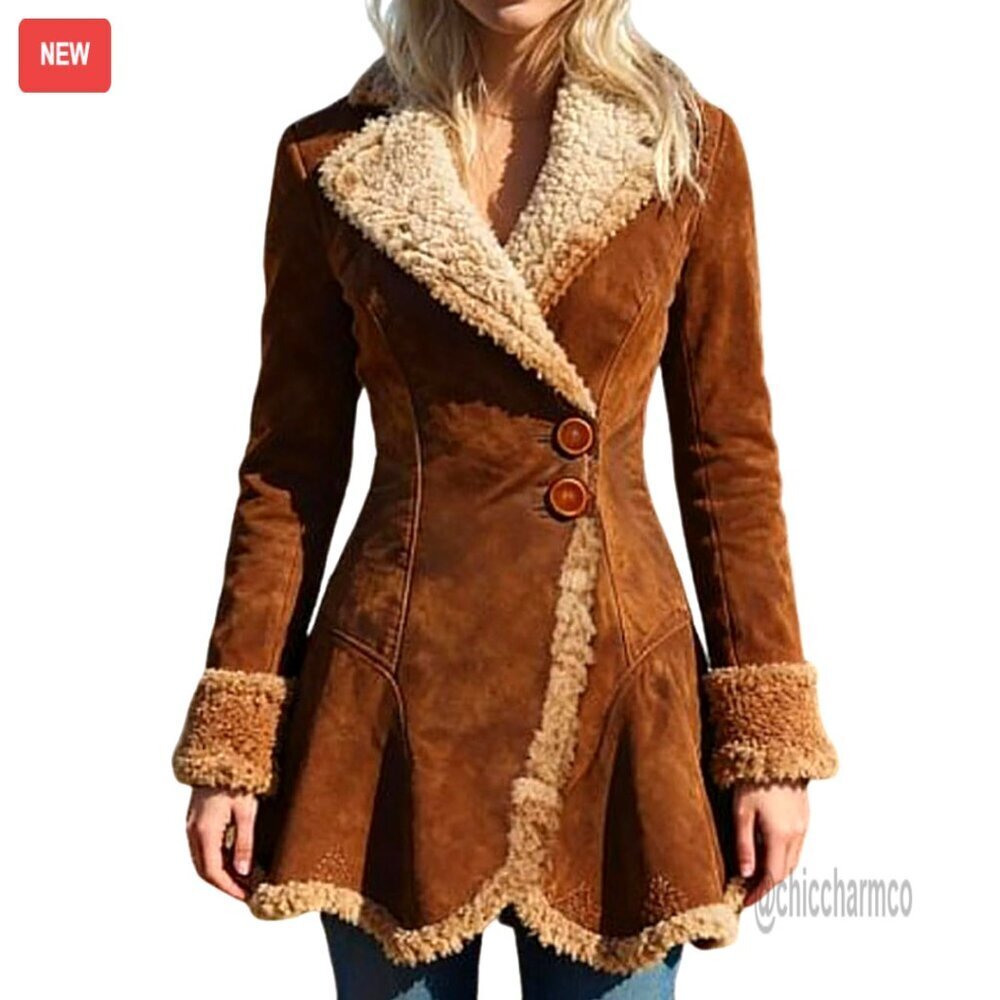 Sherpa Lined Faux Suede Jacket Slim Fit Retro Western Chic Winter Coat